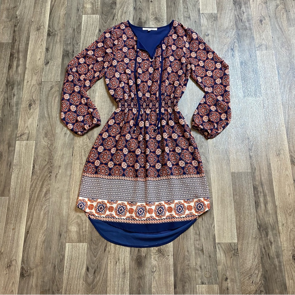Daniel Rainn Floral Longsleeve Boho Dress Blue Orange Size XS
